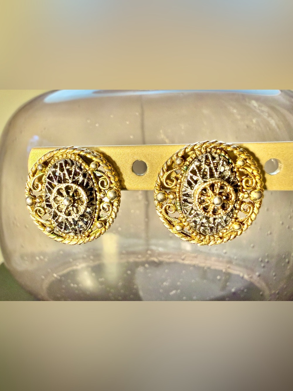 Vintage 1950s Signed Hobé Gold Filigree Clip-On Earrings, Etruscan Revival Dome